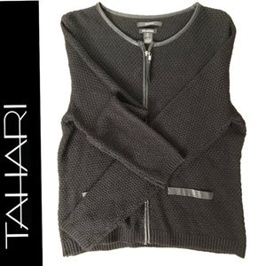 Tahari wool blend cardigan with leather accents